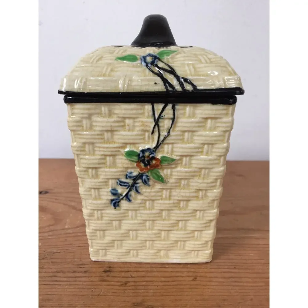 Vintage Hotta Yu Shoten Japanese Japan Basketweave Majolica Nutmeg Spice Jar
